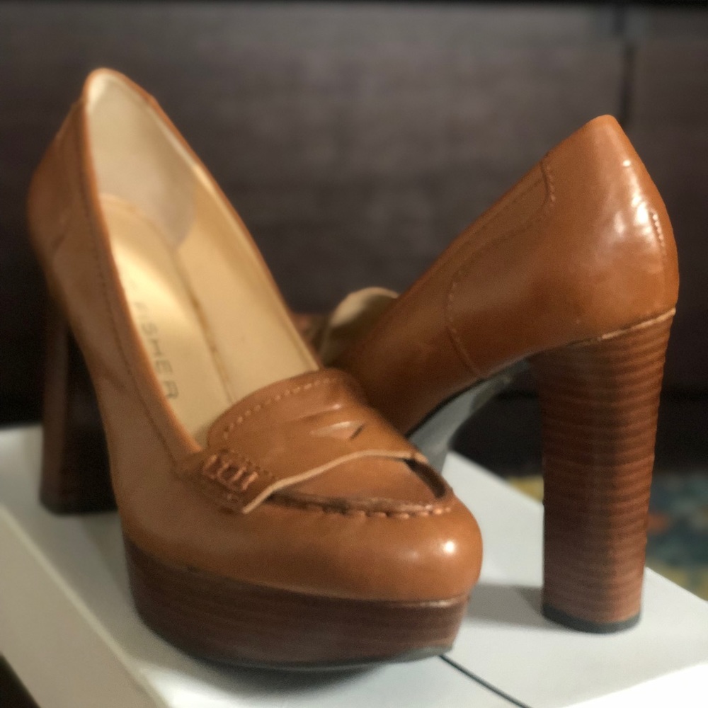 Marc Fisher Brown/Tan/Cognac Loafer Wooden Stacked Block Heels Platforms